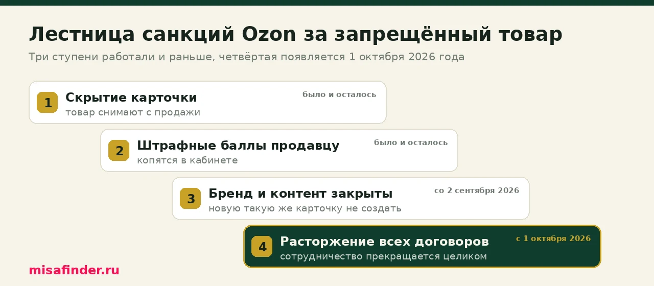 Инфографика: эскалация санкций Ozon за запрещённый товар — от скрытия карточки до расторжения договора