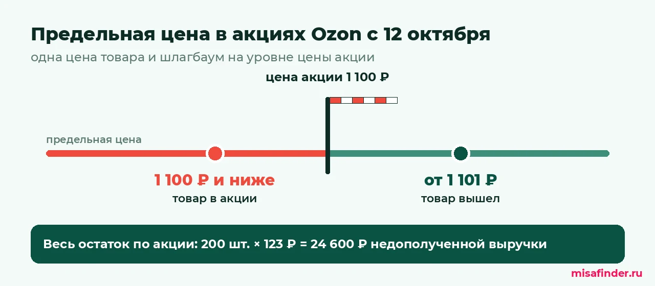 Инфографика: предельная цена в акциях Ozon с 12 октября — при цене 1 100 ₽ и ниже товар в акции, от 1 101 ₽ выходит; 200 штук по акционной цене — 24 600 ₽ недополученной выручки